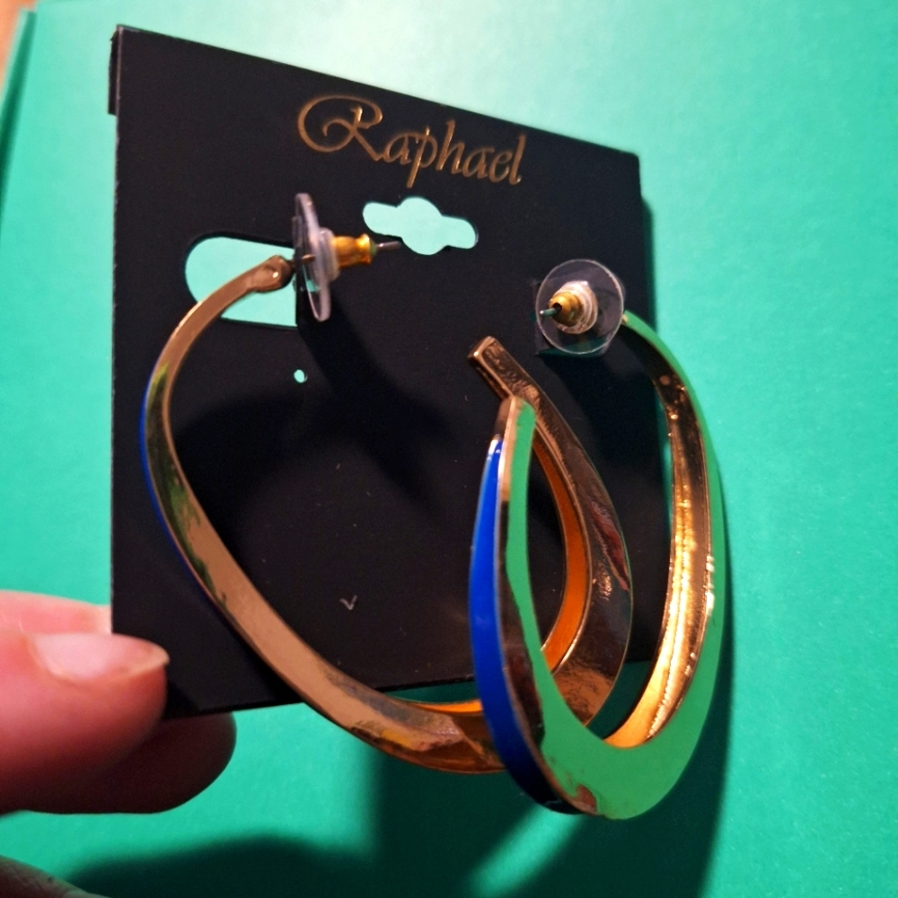 Raphael Gold and Blue Hoop Earrings